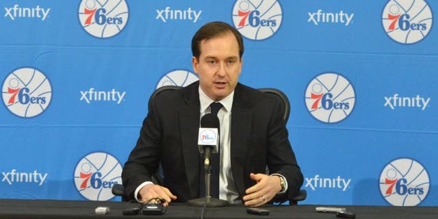 PHILADELPHIA, PA - JUNE 27: Sam Hinkie, President of Basketball Operations and General Manager of the Philadelphia 76ers, speaks with the media during a press conference on June 27, 2014 at the Philadelphia College of Osteopathic Medicine in Philadelphia, Pennsylvania. NOTE TO USER: User expressly acknowledges and agrees that, by downloading and or using this photograph, User is consenting to the terms and conditions of the Getty Images License Agreement. Mandatory Copyright Notice: Copyright 2014 NBAE (Photo by Jesse D. Garrabrant/NBAE via Getty Images)