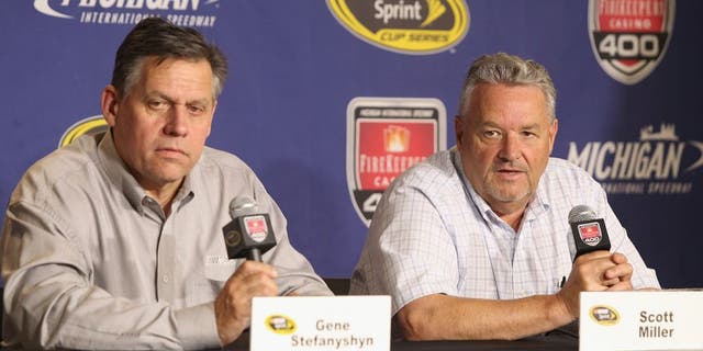 BROOKLYN, MI - JUNE 10: Gene Stefanyshyn, NASCAR Senior Vice President, Innovation and Racing Development and Scott Miller, NASCAR Senior VP of Competition address the media during practice for the NASCAR Sprint Cup Series FireKeepers Casino 400 at Michigan International Speedway on June 10, 2016 in Brooklyn, Michigan. (Photo by Kena Krutsinger/Getty Images )