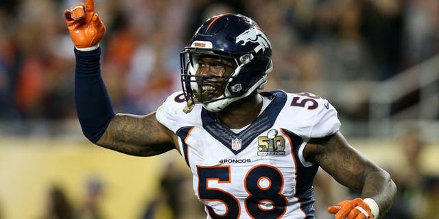 during Super Bowl 50 at Levi's Stadium on February 7, 2016 in Santa Clara, California.,SANTA CLARA, CA - FEBRUARY 07: Von Miller #58 of the Denver Broncos reacts after a play against the Carolina Panthers in the fourth quarter during Super Bowl 50 at Levi's Stadium on February 7, 2016 in Santa Clara, California. (Photo by Patrick Smith/Getty Images)