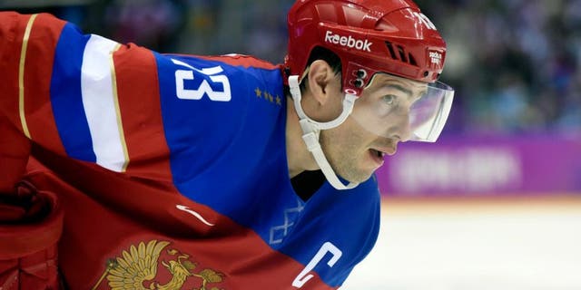 Feb 18, 2014; Sochi, RUSSIA; Russia forward Pavel Datsyuk (13) in a men's ice hockey playoffs qualifications game against Norway during the Sochi 2014 Olympic Winter Games at Bolshoy Ice Dome. Mandatory Credit: Scott Rovak-USA TODAY Sports