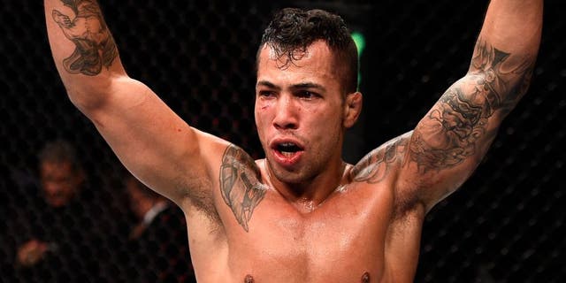 LAS VEGAS, NV - SEPTEMBER 05: Joaquim Silva reacts to his victory over Nazareno Malegarie in their lightweight bout during the UFC 191 event inside MGM Grand Garden Arena on September 5, 2015 in Las Vegas, Nevada. (Photo by Jeff Bottari/Zuffa LLC/Zuffa LLC via Getty Images)