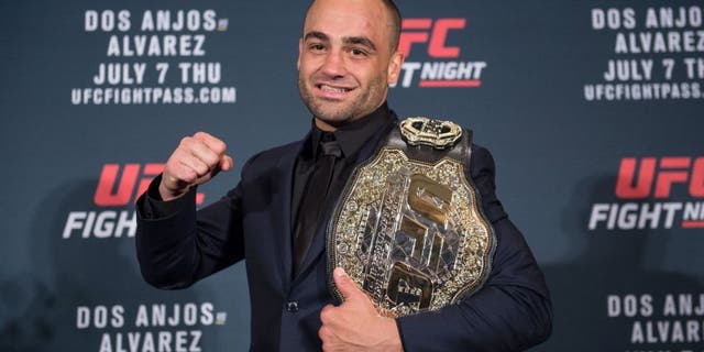 LAS VEGAS, NV - JULY 08: Eddie Alvarez poses for a picture after defeating Rafael Dos Anjos of Brazil in their lightweight championship bout during the UFC Fight Night event inside the MGM Grand Garden Arena on July 8, 2016 in Las Vegas, Nevada. (Photo by Brandon Magnus/Zuffa LLC/Zuffa LLC via Getty Images)