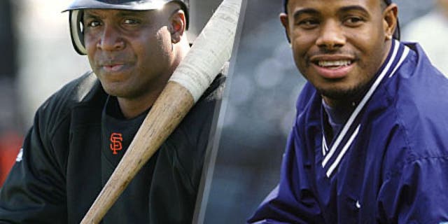 Dec 17, 2007 - New York, NY, USA - BARRY BONDS is one of 89 players named in the Mitchell Commission Report on steroid use in Major League Baseball. PICTURED: San Francisco Giants Barry Bonds during spring training at Scottsdale Stadium in Scottsdale, Arizona, on Feb. 21, 2007. (Photo by Jay Drowns/Sporting News via Getty Images) BALTIMORE, MD - MAY 1: Ken Griffey Jr. #24 of the Seattle Mariners before a baseball game against the Baltimore Orioles on May 1, 1997 at Camden Yards in Baltimore, Maryland. (Photo by Mitchell Layton/Getty Images)