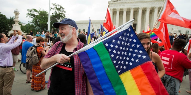 Supporters celebrate the U.S. Supreme Court decision on gay marriage on June 26, 2015.