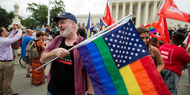 Supporters celebrate the U.S. Supreme Court decision on gay marriage on June 26, 2015.