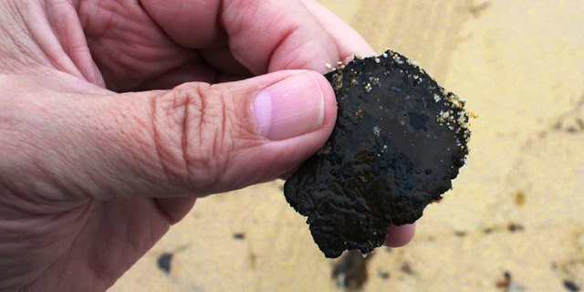 June 6, 2015: Photo shows a tar ball, less than two inches in diameter, found on the sand at Hermosa Beach, Calif., adjacent to Redondo Beach on the coast southwest of downtown Los Angeles.