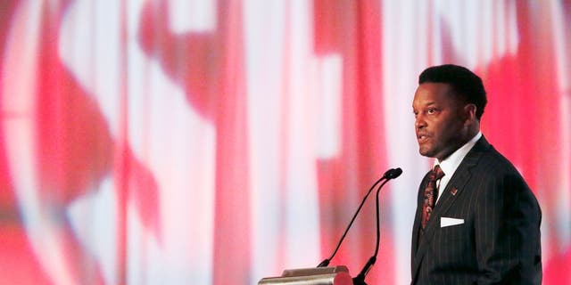 Texas A&M coach Kevin Sumlin speaks to the media at the Southeastern Conference NCAA college football media days, Tuesday, July 12, 2016, in Hoover, Ala. (AP Photo/Brynn Anderson)