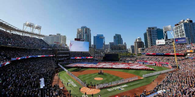 Jets fly above Petco Park during the national anthem prior to the MLB baseball All-Star Game, Tuesday, July 12, 2016, in San Diego.