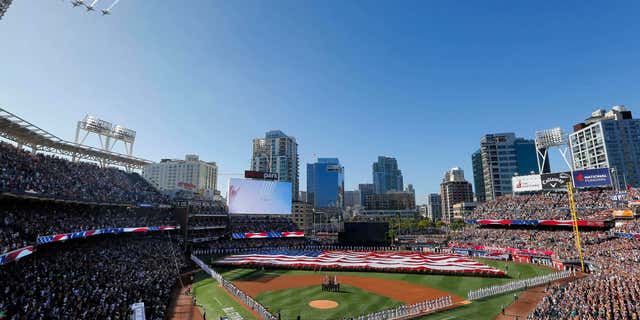 Jets fly above Petco Park during the national anthem prior to the MLB baseball All-Star Game, Tuesday, July 12, 2016, in San Diego.