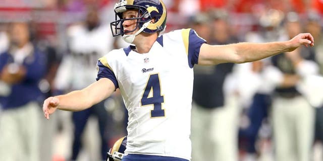Nov 9, 2014; Glendale, AZ, USA; St. Louis Rams kicker Greg Zuerlein (4) against the Arizona Cardinals at University of Phoenix Stadium. The Cardinals defeated the Rams 31-14. Mandatory Credit: Mark J. Rebilas-USA TODAY Sports