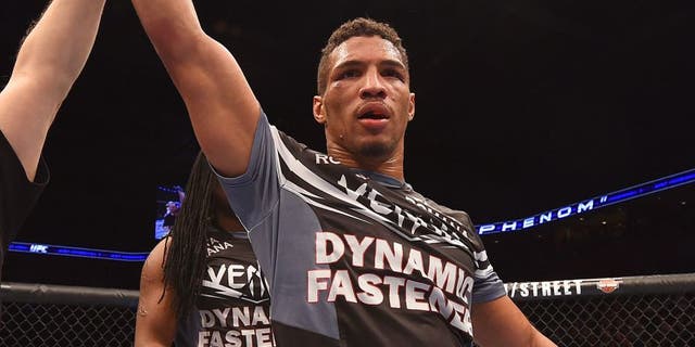 BROOMFIELD, CO - FEBRUARY 14: Kevin Lee celebrates after defeating Michel Prazeres by unanimous decision in their lightweight fight during the UFC Fight Night event inside 1stBank Center on February 14, 2015 in Broomfield, Colorado. (Photo by Josh Hedges/Zuffa LLC/Zuffa LLC via Getty Images)