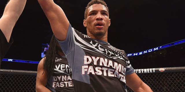 BROOMFIELD, CO - FEBRUARY 14: Kevin Lee celebrates after defeating Michel Prazeres by unanimous decision in their lightweight fight during the UFC Fight Night event inside 1stBank Center on February 14, 2015 in Broomfield, Colorado. (Photo by Josh Hedges/Zuffa LLC/Zuffa LLC via Getty Images)