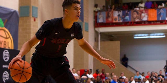 Jul 10, 2016; North Augusta, SC, USA; Mokan Elite player Michael Porter Jr. (1) looks to pass the ball during the first half of the Nike Peach Jam Finals against the PSA Cardinals at the Riverview Park Activity Center. Mokan won 93-65. Mandatory Credit: Joshua S. Kelly-USA TODAY Sports
