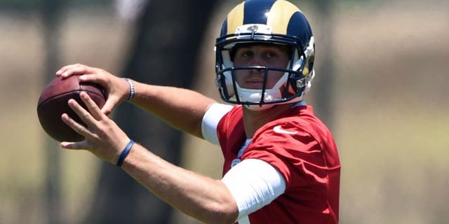 Jun 16, 2016; Oxnard, CA, USA; Los Angeles Rams quarterback Jared Goff (16) throws a pass at organized team activities at the River Ridge Fields. Mandatory Credit: Kirby Lee-USA TODAY Sports