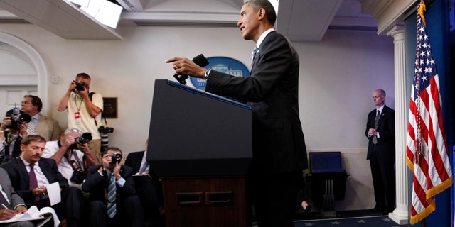 July 15: President Barack Obama talks about the ongoing budget negotiations during a news conference in the briefing room of the White House in Washington.