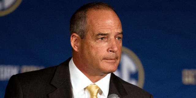 Jul 16, 2014; Hoover, AL, USA; Missouri Tigers head coach Gary Pinkel talks to the media during the SEC Football Media Days at the Wynfrey Hotel. Mandatory Credit: Marvin Gentry-USA TODAY Sports