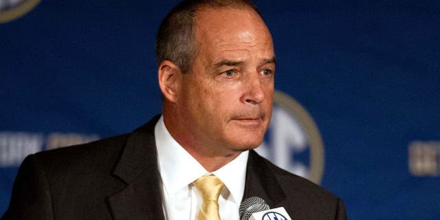 Jul 16, 2014; Hoover, AL, USA; Missouri Tigers head coach Gary Pinkel talks to the media during the SEC Football Media Days at the Wynfrey Hotel. Mandatory Credit: Marvin Gentry-USA TODAY Sports