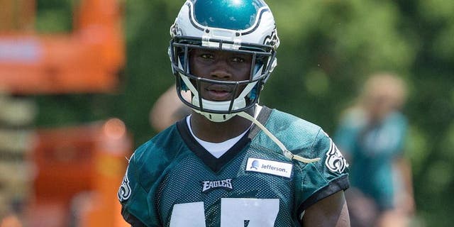 Jun 17, 2015; Philadelphia, PA, USA; Philadelphia Eagles wide receiver Nelson Agholor (17) during minicamp at The NovaCare Complex. Mandatory Credit: Bill Streicher-USA TODAY Sports
