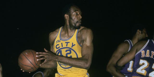 SAN FRANCISCO, CA - CIRCA 1960's: Nate Thurmond #42 of the San Francisco Warriors in action pulling down a rebound against the Los Angeles Lakers during an late circa 1960's NBA basketball game at the Cow Palace in San Francisco, California. Thurmond played for the Warriors 1963-74. (Photo by Focus on Sport/Getty Images)