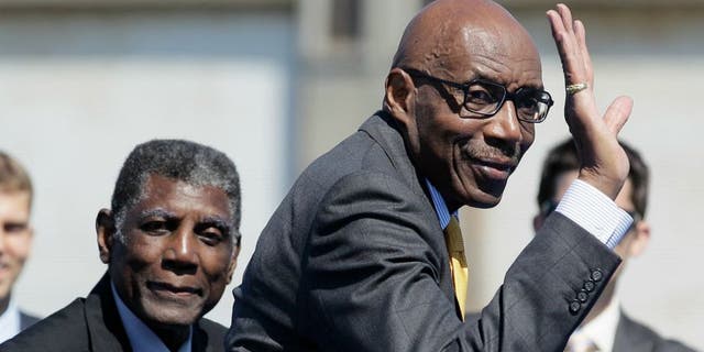 FILE - In this May 22, 2012, file photo, Golden State Warriors great Nate Thurmond waves during an announcement in San Francisco, that the NBA basketball team wants to return to San Francisco. Thurmond, a Hall of Fame center and longtime Golden State Warrior, died Saturday, July 16, 2016, after a short battle with leukemia, the team announced. He was 74. (AP Photo/Eric Risberg, File)