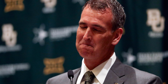Jul 18, 2016; Dallas, TX, USA; Baylor Bears new athletic director Mack Rhoades reacts at a press conference during the Big 12 Media Days at Omni Dallas Hotel. Mandatory Credit: Kevin Jairaj-USA TODAY Sports