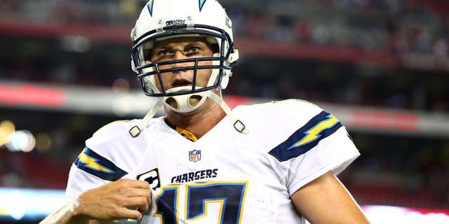 Sep 8, 2014; Glendale, AZ, USA; San Diego Chargers quarterback Philip Rivers (17) against the Arizona Cardinals at University of Phoenix Stadium. The Cardinals defeated the Chargers 18-17. Mandatory Credit: Mark J. Rebilas-USA TODAY Sports