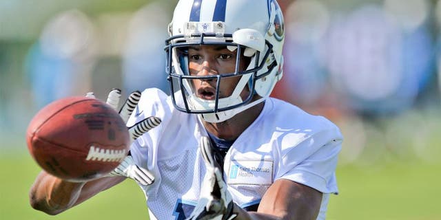 Jul 26, 2014; Nashville, TN, USA; Tennessee Titans wide receiver Justin Hunter (15) catches a pass during training camp at Saint Thomas Sports Park. Mandatory Credit: Jim Brown-USA TODAY Sports