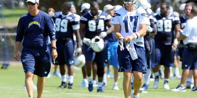 Jul 25, 2013; San Diego, CA, USA; San Diego Chargers head coach Mike McCoy and quarterback Philip Rivers (17) walk on the field before drills at training camp at Chargers Park. Mandatory Credit: Christopher Hanewinckel-USA TODAY Sports