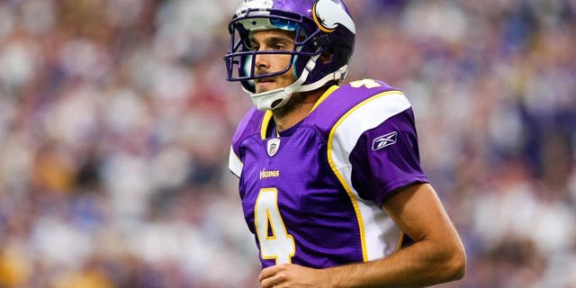 Oct 9, 2011; Minneapolis, MN, USA; Minnesota Vikings punter Chris Kluwe (4) against the Arizona Cardinals at the Metrodome. The Vikings defeated the Cardinals 34-10. Mandatory Credit: Brace Hemmelgarn-USA TODAY Sports