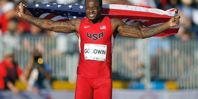 Jul 22, 2015; Toronto, Ontario, CAN; Marquise Goodwin of the United States celebrates after placing second in the men's athletics long jump final during the 2015 Pan Am Games at CIBC Pan Am Athletics Stadium. Mandatory Credit: Erich Schlegel-USA TODAY Sports