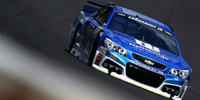 INDIANAPOLIS, IN - JULY 24: Dale Earnhardt Jr., driver of the #88 Nationwide Chevrolet, practices for the NASCAR Sprint Cup Series Crown Royal Presents the Jeff Kyle 400 at the Brickyard at Indianapolis Motorspeedway on July 24, 2015 in Indianapolis, Indiana. (Photo by Sarah Crabill/NASCAR via Getty Images)