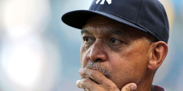 KANSAS CITY, MO - JUNE 7: Reggie Jackson former New York Yankees player and Baseball Hall of Fame inductee watches batting practice prior to a game between the New York Yankees and Kansas City Royals at Kauffman Stadium on June 7, 2014 in Kansas City, Missouri. (Photo by Ed Zurga/Getty Images)