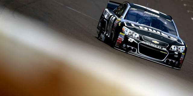 INDIANAPOLIS, IN - JULY 24: Jimmie Johnson, driver of the #48 Kobalt Tools Chevrolet, practices for the NASCAR Sprint Cup Series Crown Royal Presents the Jeff Kyle 400 at the Brickyard at Indianapolis Motorspeedway on July 24, 2015 in Indianapolis, Indiana. (Photo by Sarah Crabill/NASCAR via Getty Images)