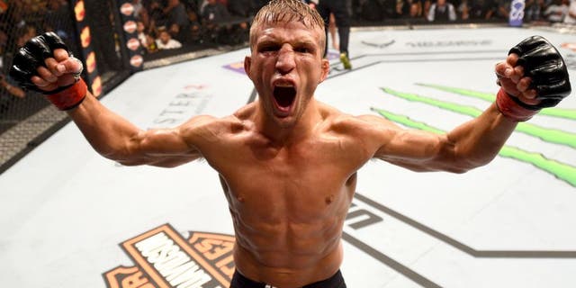 CHICAGO, IL - JULY 25: TJ Dillashaw reacts after his TKO victory over Renan Barao of Brazil in their UFC bantamweight championship bout during the UFC event at the United Center on July 25, 2015 in Chicago, Illinois. (Photo by Jeff Bottari/Zuffa LLC/Zuffa LLC via Getty Images)
