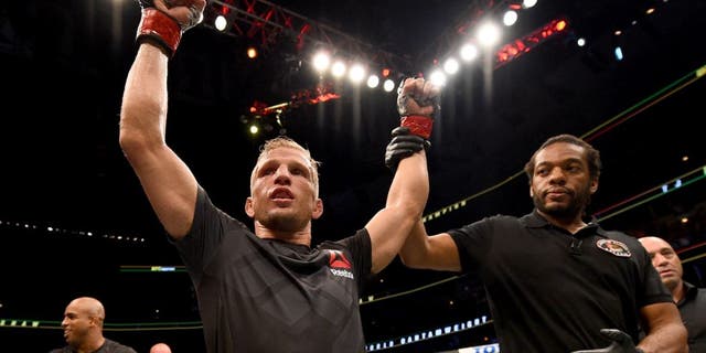CHICAGO, IL - JULY 25: TJ Dillashaw celebrates after his TKO victory over Renan Barao of Brazil in their UFC bantamweight championship bout during the UFC event at the United Center on July 25, 2015 in Chicago, Illinois. (Photo by Jeff Bottari/Zuffa LLC/Zuffa LLC via Getty Images)