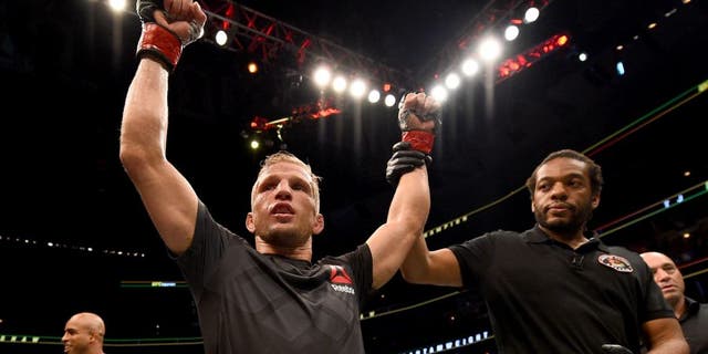 CHICAGO, IL - JULY 25: TJ Dillashaw celebrates after his TKO victory over Renan Barao of Brazil in their UFC bantamweight championship bout during the UFC event at the United Center on July 25, 2015 in Chicago, Illinois. (Photo by Jeff Bottari/Zuffa LLC/Zuffa LLC via Getty Images)