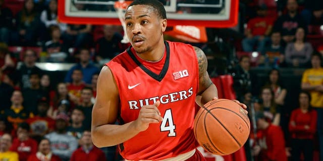 COLLEGE PARK, MD - JANUARY 14: Myles Mack #4 of the Rutgers Scarlet Knights handles the ball against the Maryland Terrapins at the Xfinity Center on January 14, 2015 in College Park, Maryland. (Photo by G Fiume/Maryland Terrapins/Getty Images)