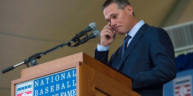 Jul 26, 2015; Cooperstown, NY, USA; Hall of Fame Inductee Craig Biggio reacts during his acceptance speech into the Hall of Fame Induction Ceremonies at Clark Sports Center. Mandatory Credit: Gregory J. Fisher-USA TODAY Sports