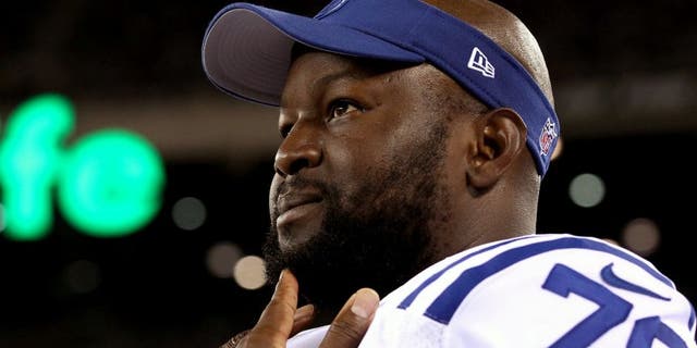 Aug 7, 2014; East Rutherford, NJ, USA; Indianapolis Colts tackle Gosder Cherilus (78) on the bench against the New York Jets during the second half at MetLife Stadium. The Jets defeated the Colts 13-10. Mandatory Credit: Adam Hunger-USA TODAY Sports