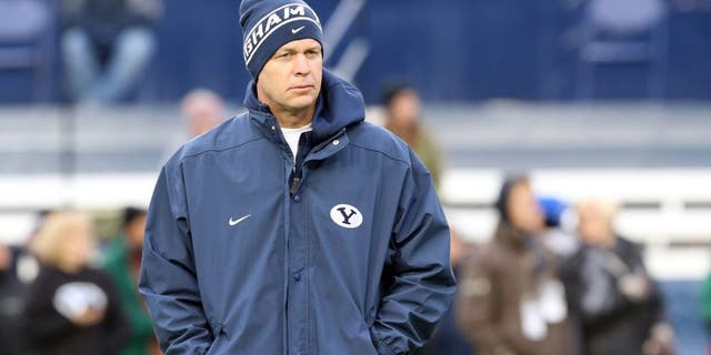 Nov 15, 2014; Provo, UT, USA; Brigham Young Cougars head coach Bronco Mendenhall walks the field before the game against the UNLV Rebels at Lavell Edwards Stadium. Mandatory Credit: Chris Nicoll-USA TODAY Sports