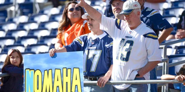 Dec 14, 2014; San Diego, CA, USA; San Diego Chargers fans react as the Denver Broncos take the field for pre-game warmups at Qualcomm Stadium. Mandatory Credit: Robert Hanashiro-USA TODAY Sports