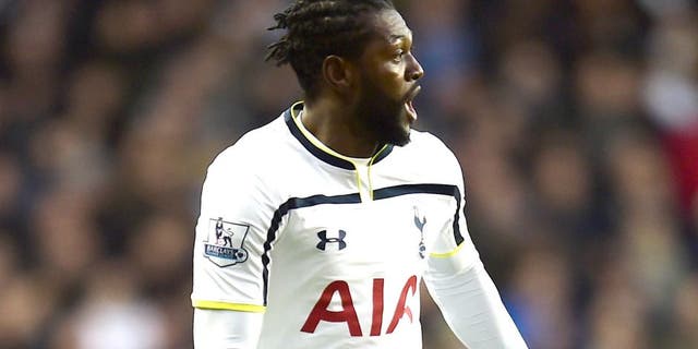 LONDON, ENGLAND - JANUARY 24: Emmanuel Adebayour of Spurs runs with the ball during the FA Cup Fourth Round match between Tottenham Hotspur and Leicester City at White Hart Lane on January 24, 2015 in London, England. (Photo by Jamie McDonald/Getty Images)