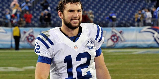 NASHVILLE, TN - NOVEMBER 14: Quarterback Andrew Luck #12 of the Indianapolis Colts smiles as he leaves the field after a 30-27 Colts victory over the Tennessee Titans at LP Field on November 14, 2013 in Nashville, Tennessee. (Photo by Frederick Breedon/Getty Images)