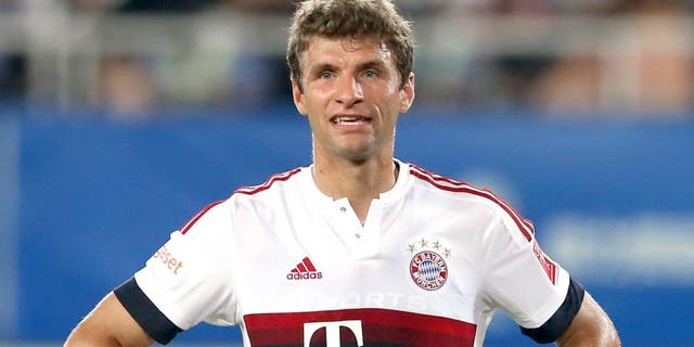 GUANGZHOU, CHINA - JULY 23: Thomas Mueller of Muenchen reacts during the international friendly match between FC Guangzhou Evergrande Taobao FC and FC Bayern Muenchen of the Volkswagen Cup Guangzhou at Tianhe Stadium on July 23, 2015 in Guangzhou, China. (Photo by Alexander Hassenstein/Bongarts/Getty Images)