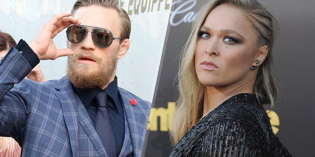 Conor McGregor arrives backstage during the UFC 189 event inside MGM Grand Garden Arena on July 11, 2015 in Las Vegas, Nevada. (Photo by Mitch Viquez/Zuffa LLC/Zuffa LLC via Getty Images) Ronda Rousey arrives at the Los Angeles Premiere 'Entourage' at Regency Village Theatre on June 1, 2015 in Westwood, California. (Photo by Jon Kopaloff/FilmMagic)