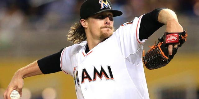 Jul 29, 2015; Miami, FL, USA; Miami Marlins starting pitcher Tom Koehler throws the ball in the first inning of a game against the Washington Nationals at Marlins Park. Mandatory Credit: Robert Mayer-USA TODAY Sports