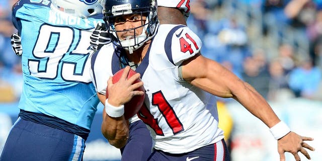 Dec 29, 2013; Nashville, TN, USA; Houston Texans running back Jonathan Grimes (41) carries the ball against the Tennessee Titans during the first half at LP Field. The Titans won 16-10. Mandatory Credit: Don McPeak-USA TODAY Sports