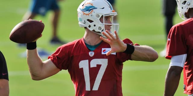 Jul 31, 2015; Davie, FL, USA; Miami Dolphins quarterback Ryan Tannehill (17) during practice drills at Doctors Hospital Training Facility. Mandatory Credit: Steve Mitchell-USA TODAY Sports