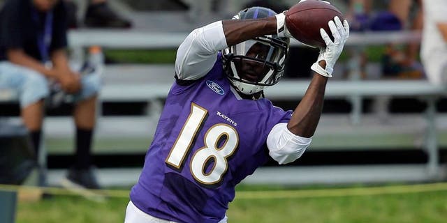 Baltimore Ravens wide receiver Breshad Perriman makes a catch in front of spectators at the team's first day of NFL football training camp, Thursday, July 30, 2015, in Owings Mills, Md. (AP Photo/Patrick Semansky)