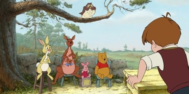 In this publicity image released by Disney, characters from left, Rabbit, Kanga, Roo, Piglet, Owl, Winnie the Pooh, and Christopher Robin are shown in a scene from "Winnie the Pooh."